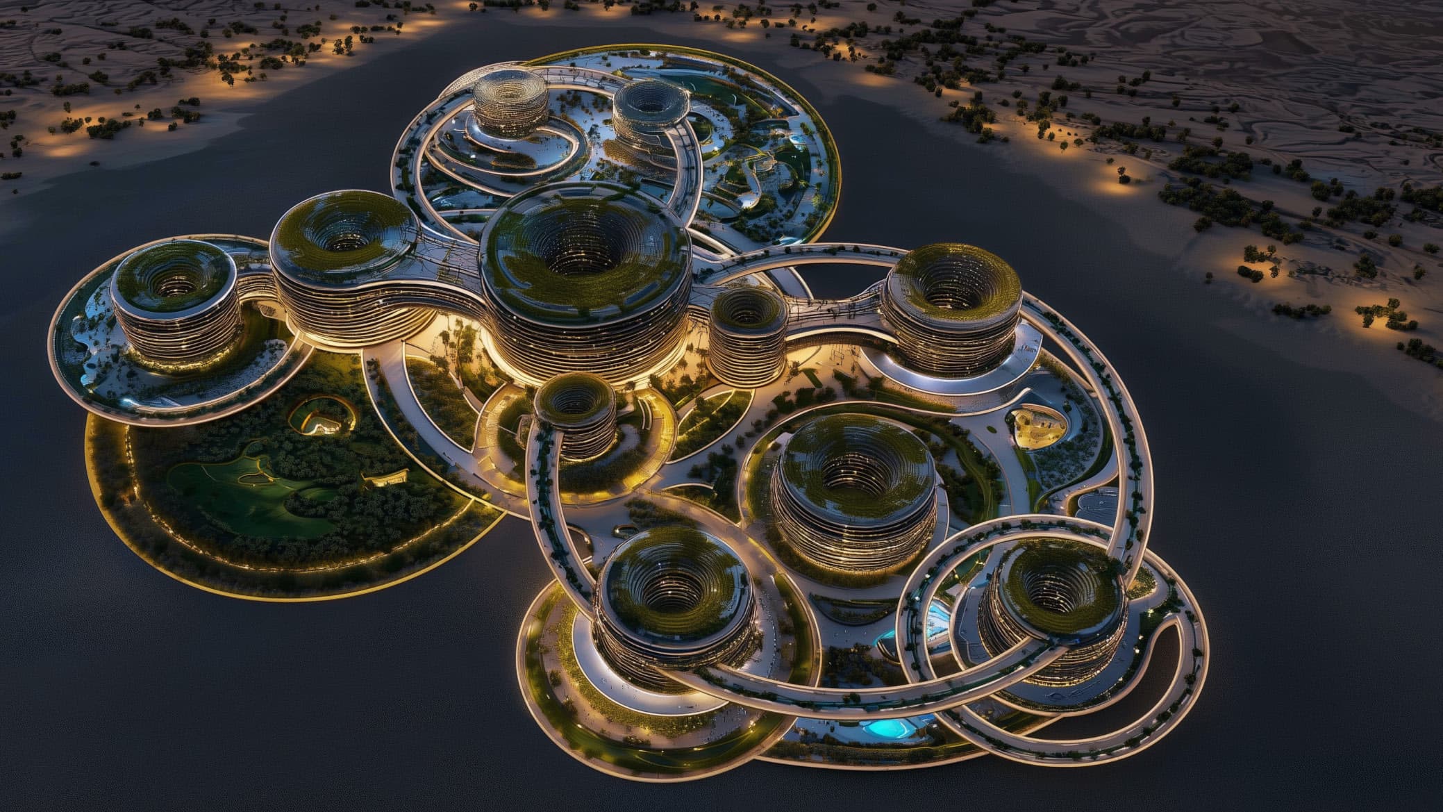 Wizualizacja Zaha Hadid Architects: nocna panorama masterplanu Skyspace City z laguną i kolistymi dzielnicami