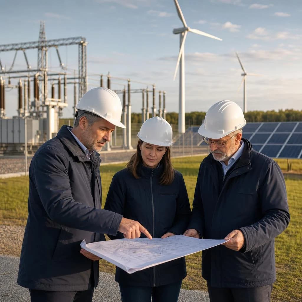Specjaliści analizujący plan projektu przy infrastrukturze energetycznej