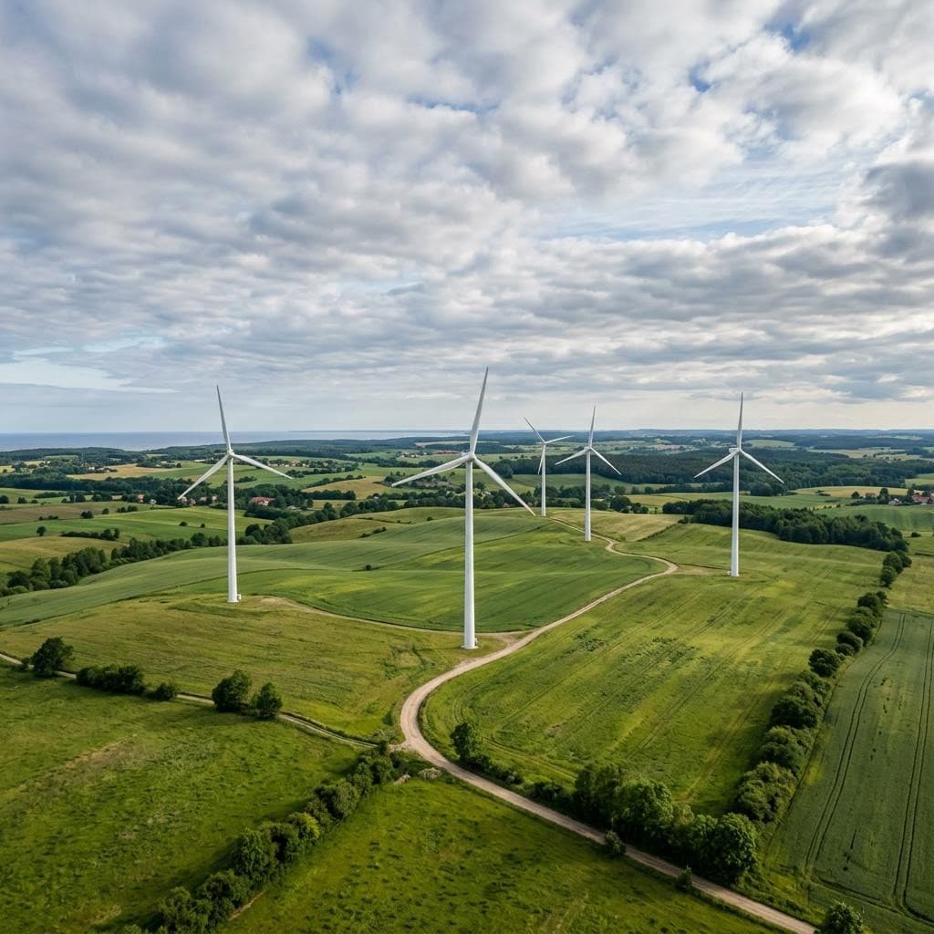 Fotografia poglądowa: farma wiatrowa na polach Pomorza