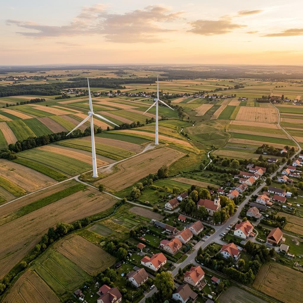 Fotografia poglądowa: dwie turbiny wiatrowe nad polami uprawnymi