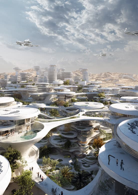 Studium koncepcyjne Zaha Hadid Architects: organiczne formy zabudowy w pustynnym krajobrazie