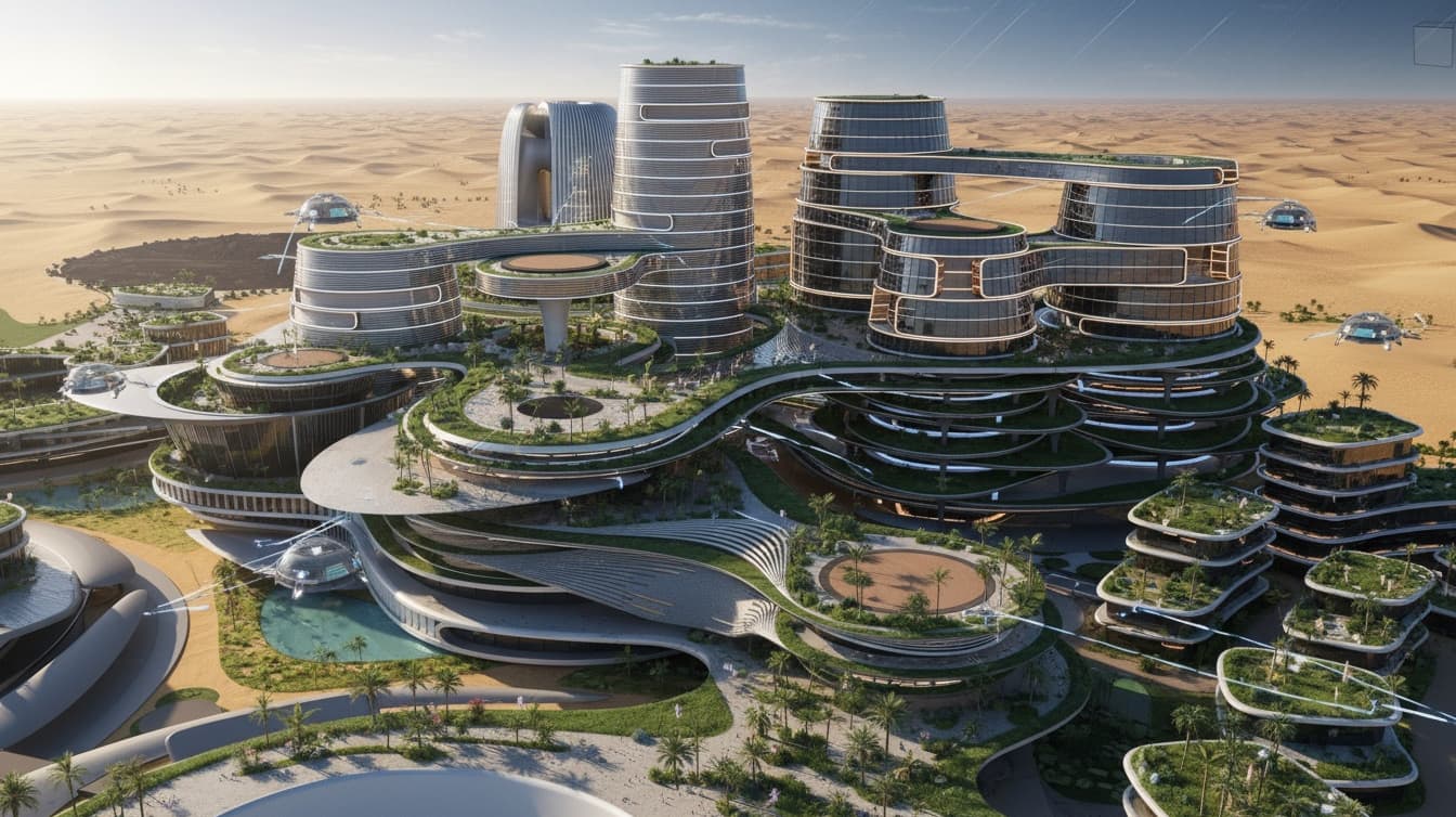 Wizualizacja Zaha Hadid Architects: smukłe wieże Skyspace City w pustynnym krajobrazie